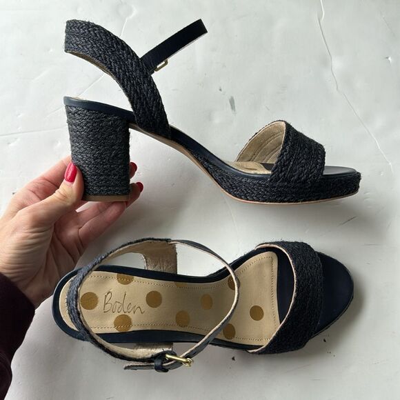 Boden Womens Sz 39 / US 8 Constance Block Heels Navy Raffia Cottagecore‎ Summer - Picture 2 of 13